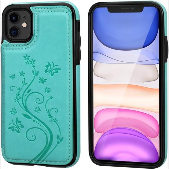 iPhone 11 Case Wallet with Card Holder, Embossed Butterfly, 6.1 inch, Green - Picture 4 of 6